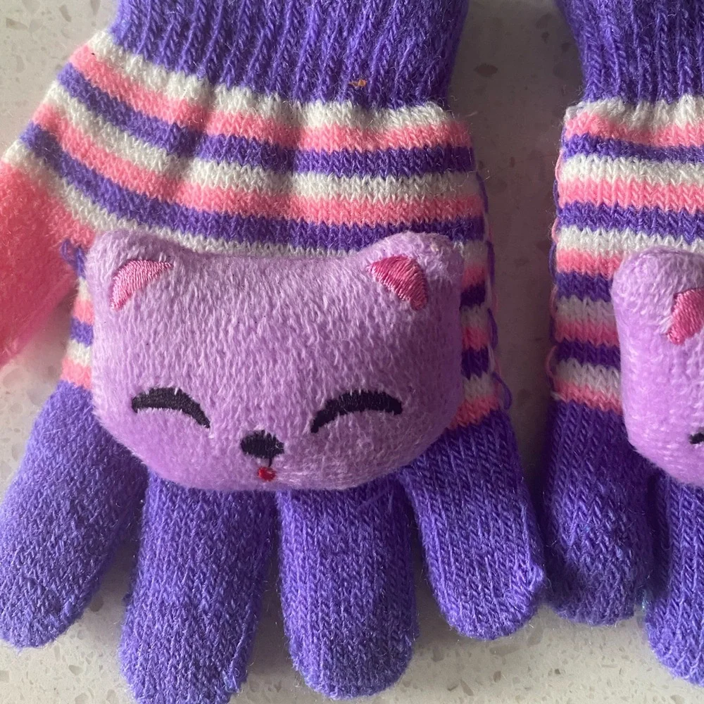 Adorable Girl’s Gloves 18 mo - 3 year old, Purple, Pink striped w sewn plush C…